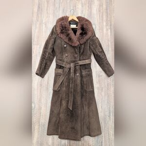 Vintage 70s Argentinian Brown Leather & Suede Women's Coat with Faux Fur Collar
